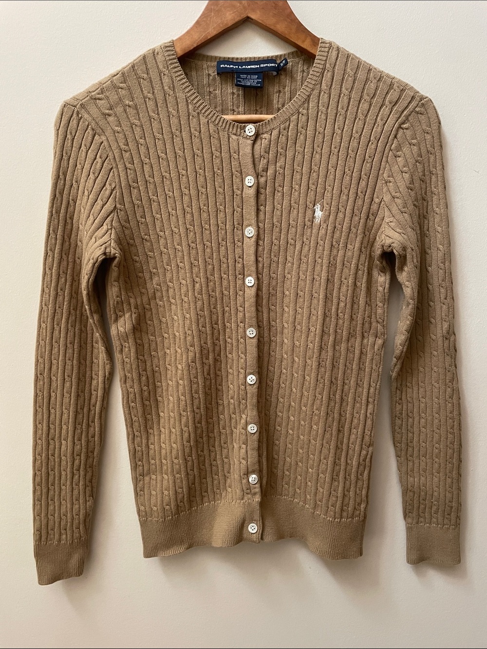 Ralph Lauren Sport Cable Knit Cotton Cardigan Sweater - Camel - 2000s Vintage